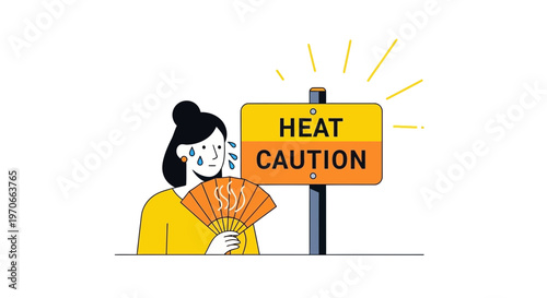 Woman Fanning Herself Next To Heat Warning Sign