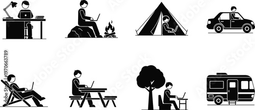 Digital nomad and remote work lifestyle icons set featuring laptop work travel camping van life outdoor office vector illustration