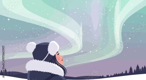 Woman Gazing At Aurora Borealis In Snowy Landscape