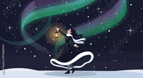 Woman Gazing At Northern Lights Holding Lantern In Winter