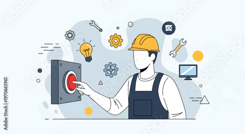 A modern worker in an industrial setting activates a large button on a control panel surrounded by various tools and technology icons.