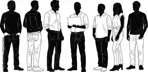 Diverse business people standing and discussing ideas with laptop, corporate teamwork concept, professional office environment, collaboration vector illustration design