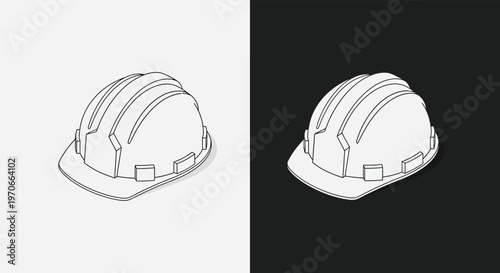 Isometric line art illustration of a safety hard hat on both light and dark backgrounds, representing construction and industrial safety equipment.