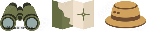 Adventure travel vector set featuring green binoculars, a folded paper map with compass star, and a brown safari sun hat for camping and outdoor exploration.