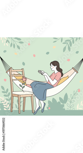 Woman Relaxing Reading Book In Hammock Peaceful Garden Scene