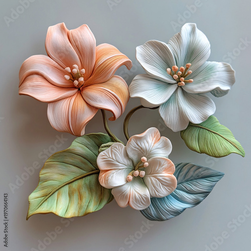 Artistic 3D rendering of soft pastel sculpted flowers