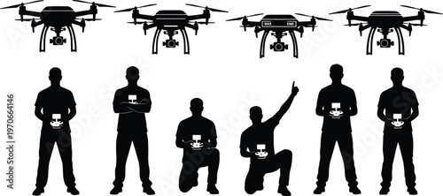 Drone operators controlling quadcopter UAV with remote controller, aerial photography technology concept, silhouette people and flying drones vector illustration set