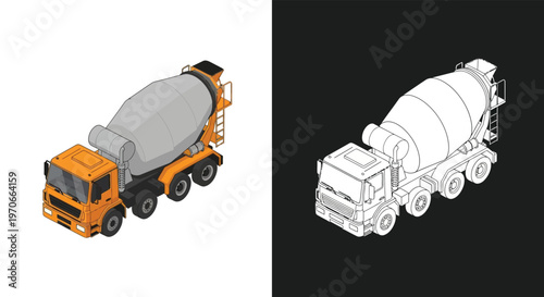 Isometric concrete mixer truck illustration in color and outline versions on white and black backgrounds.