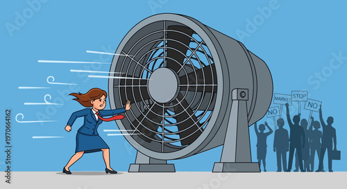 Woman Resists Immense Airflow From Industrial Fan Against Crowd Protest