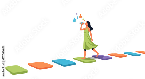 Woman Hydrates On Colorful Stepping Stones Toward Health