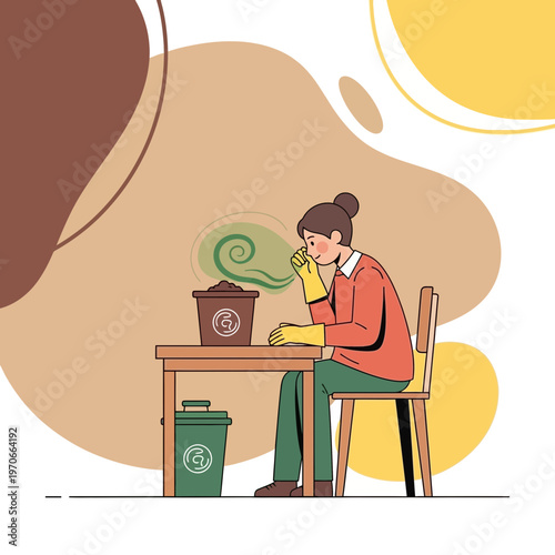 Woman Holds Nose Near Compost Bin Experiencing Unpleasant Odors