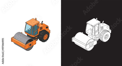 Isometric illustration of a road roller compactor in color and outline versions, depicting heavy construction machinery for paving roads.