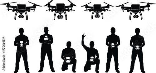 Drone pilots controlling quadcopters with remote controllers, aerial photography and UAV technology concept, silhouette operators and flying drones vector illustration set