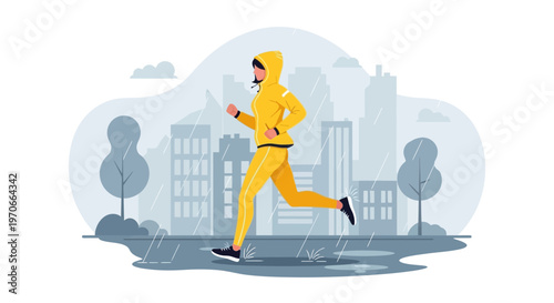 Woman Jogging Through Urban Rainstorm With Determined Spirit
