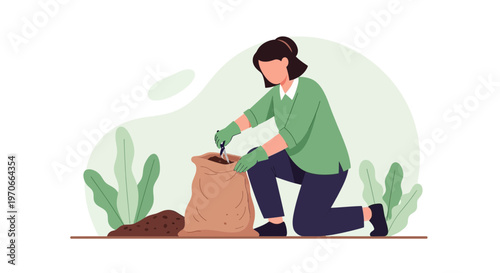 Woman Kneeling Preparing Soil From Bag For Planting Growth