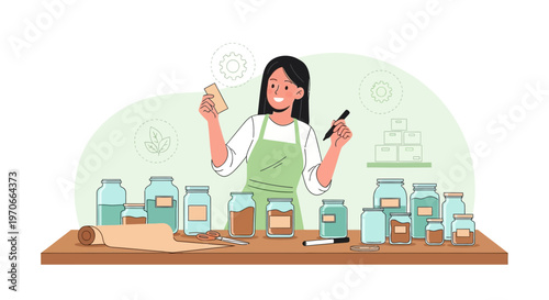 Woman Labeling Jars For Canning And Preservation Efforts With Eco-Friendly Approach