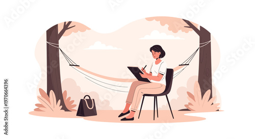 Woman Sketching Outdoors With Hammock Serene Nature Scene