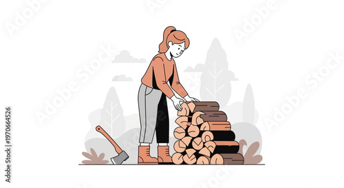 Woman Stacking Firewood Next To Axe In Rural Setting