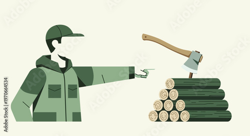 Woodsman Directing Axe Towards Stacked Timber