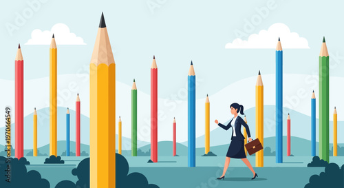 Woman Navigating A Colorful Landscape Of Giant Pencils Ascending Towards The Sky