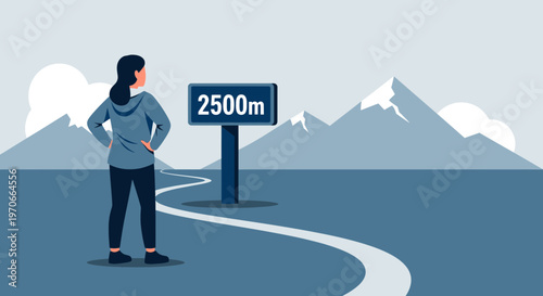 Woman Standing Near Altitude Sign At Mountain Peak Destination