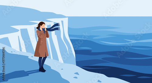 Woman Standing On Snowy Cliff Edge Facing Cold Ocean Winds