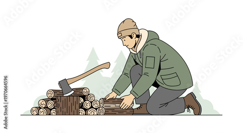 Woodsman Prepares Fuel For Winter In Forest Scene