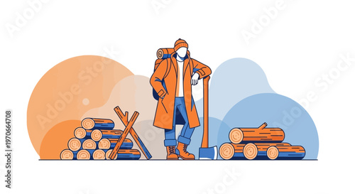 Woodsman With Axe And Logs Preparing For Winter Activity