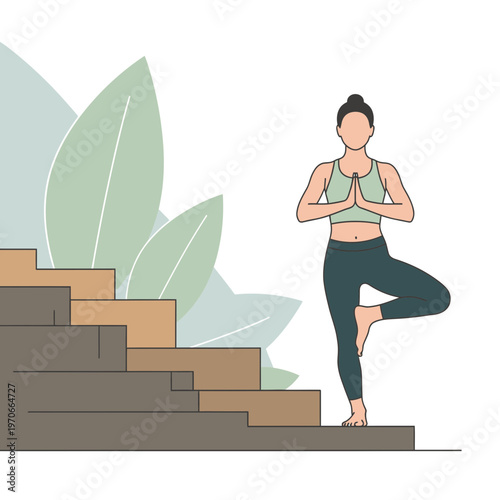 Woman Performing Tree Pose Yoga On Staircase With Nature Background