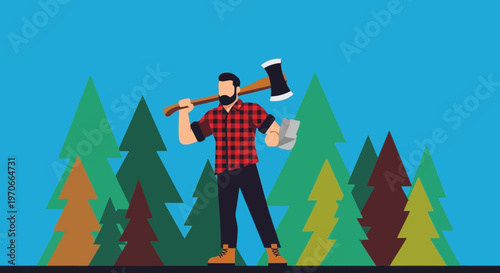 Woodsman With Axe And Map In Forest