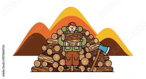 Woodsman With Axe And Stacked Timber Against Mountain Backdrop