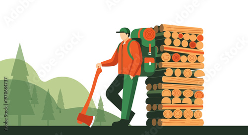 Woodsman With Axe And Stacked Firewood Outdoor Adventure