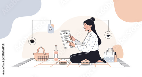 Woman Perusing Picnic Menu Choices with Food and Drink Assortment Arranged