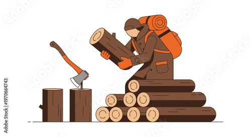 Woodsman With Axe And Stacked Logs Preparing For Winter