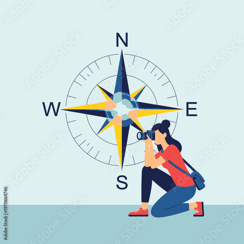 Woman Photographer Capturing Compass Directions For Adventure And Travel Inspiration