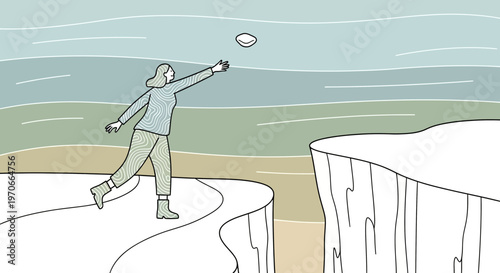 Woman Tosses Object From Cliff Edge Towards Serene Landscape