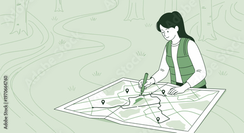 Woman Planning Adventure Using Detailed Trail Map In Forest Setting
