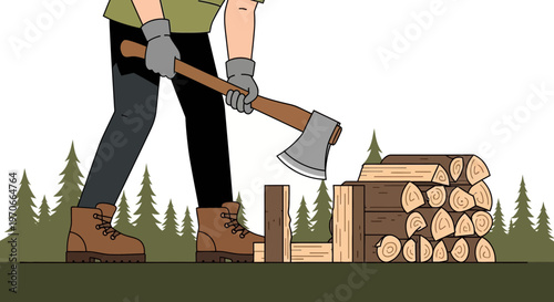 Woodsman With Axe Preparing To Chop Logs In Forest Setting