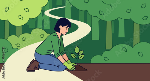 Woman Planting Sapling In Lush Forest Pathway Environment