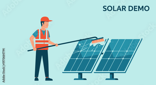Worker Cleans Solar Panels Maintaining Renewable Energy Efficiency