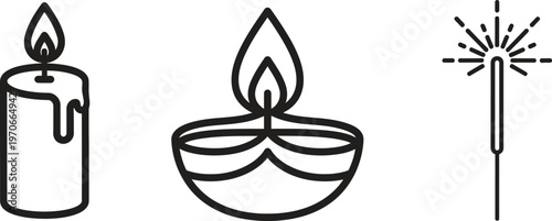 Minimalist line art icons depicting a burning candle traditional diya lamp and sparkling firework ideal for holiday celebrations event design and cultural graphics