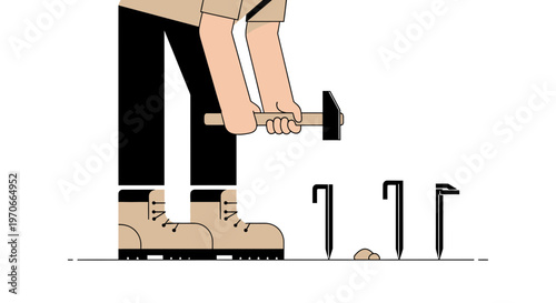 Worker Using Hammer To Secure Tent Stakes Outdoors