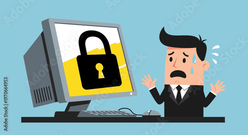 Worried Businessman Sees Security Lock Icon Displayed On Computer Screen During Cyber Incident