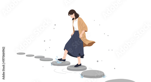 Woman Walking On Stepping Stones Towards Future Opportunities