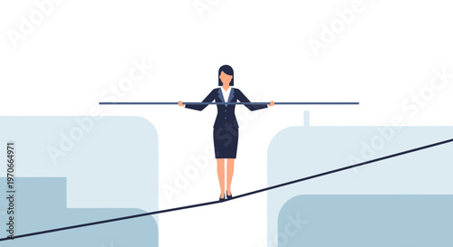 Woman Walking Tightrope Balancing Business Risks And Achieving Goals