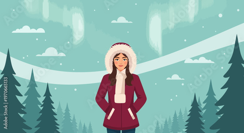 Woman Witnessing Northern Lights Amidst Winter Forest