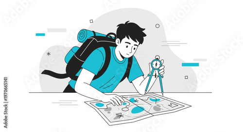 Young Adventurer Navigating With Compass And Map For A Journey Planning Illustration