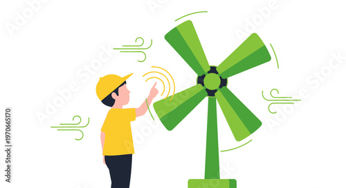 Young Boy Interacts With Green Wind Turbine Generating Clean Energy