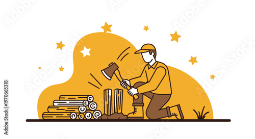 Woodsman Chopping Firewood Artistic Line Art Illustration With Stars