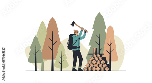Woodsman Chopping Logs Amidst Autumnal Forest Trees